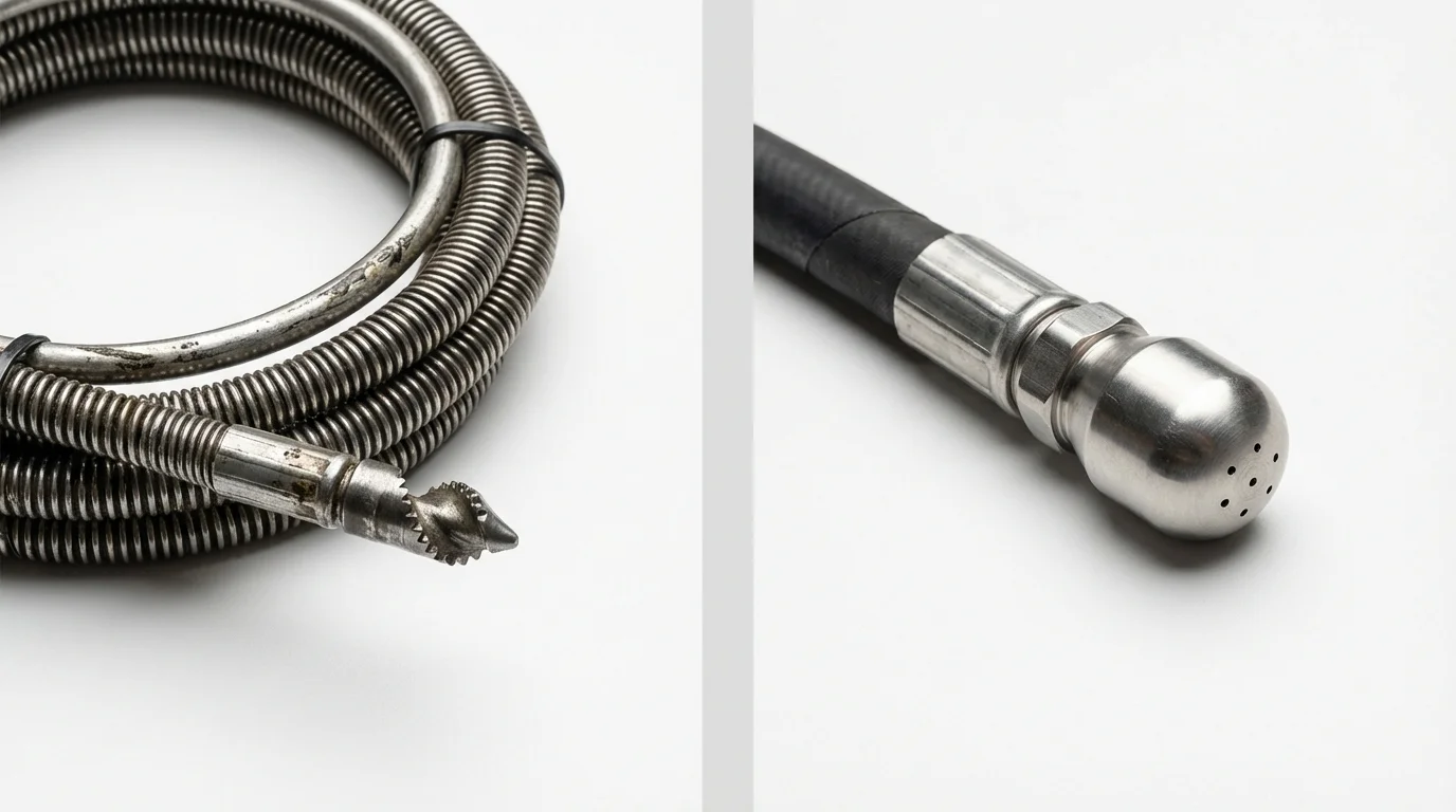 Drain snake cable and hydro jetting nozzle used for drain cleaning in Platteville, WI