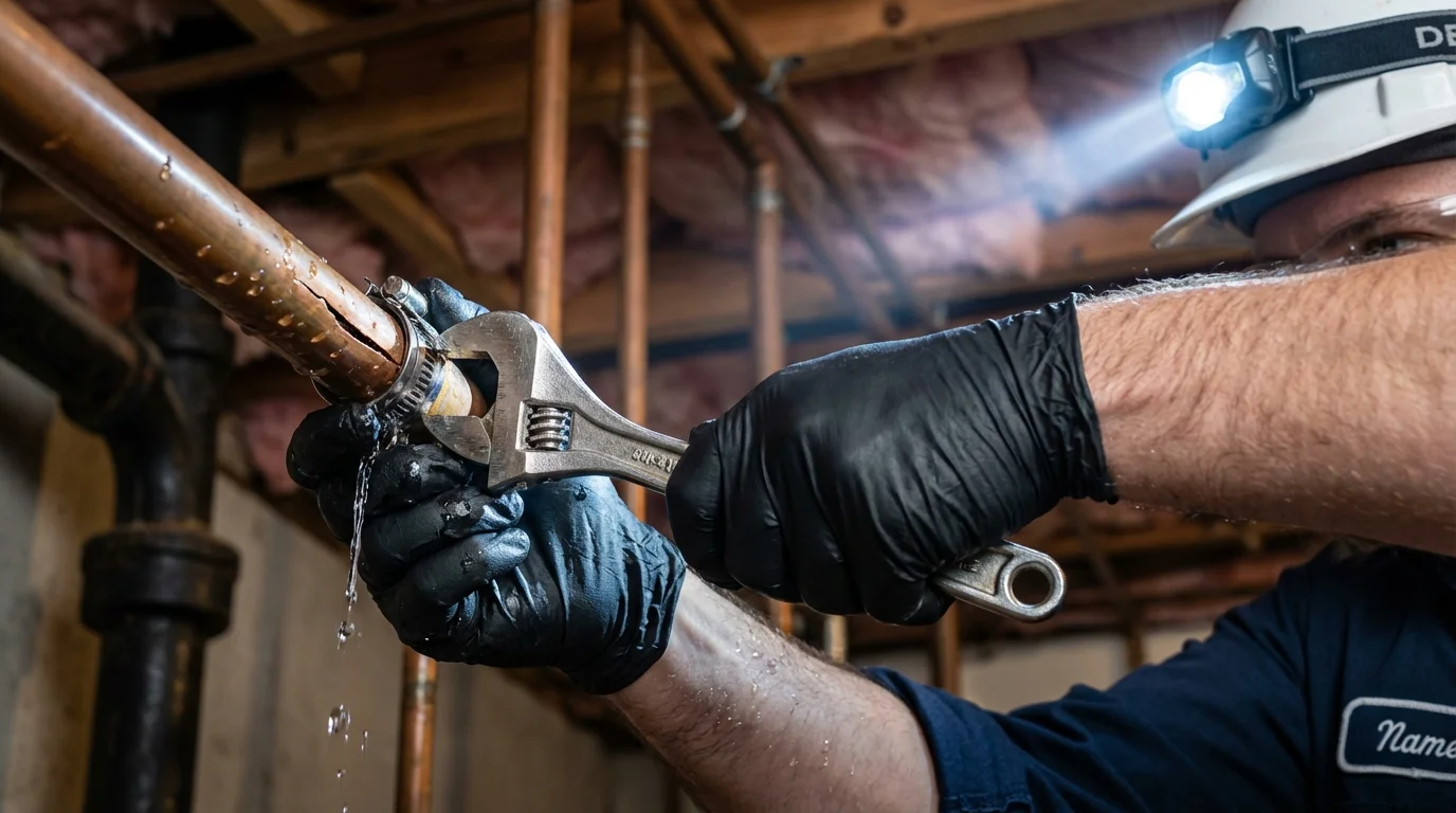 Emergency pipe clamp repair being performed by a Johns Plumbing LLC plumber in Platteville
