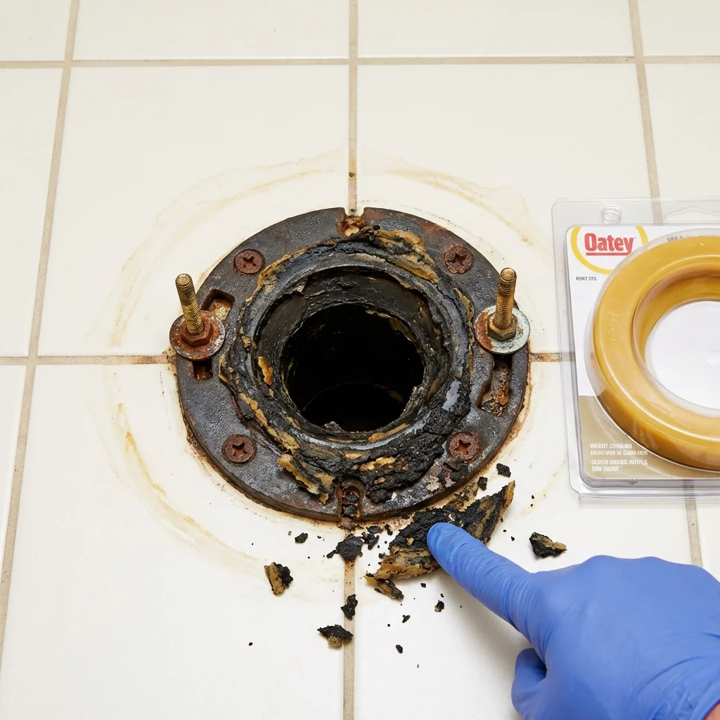 Failed wax ring showing water seepage at the base of a toilet in a Platteville, WI home