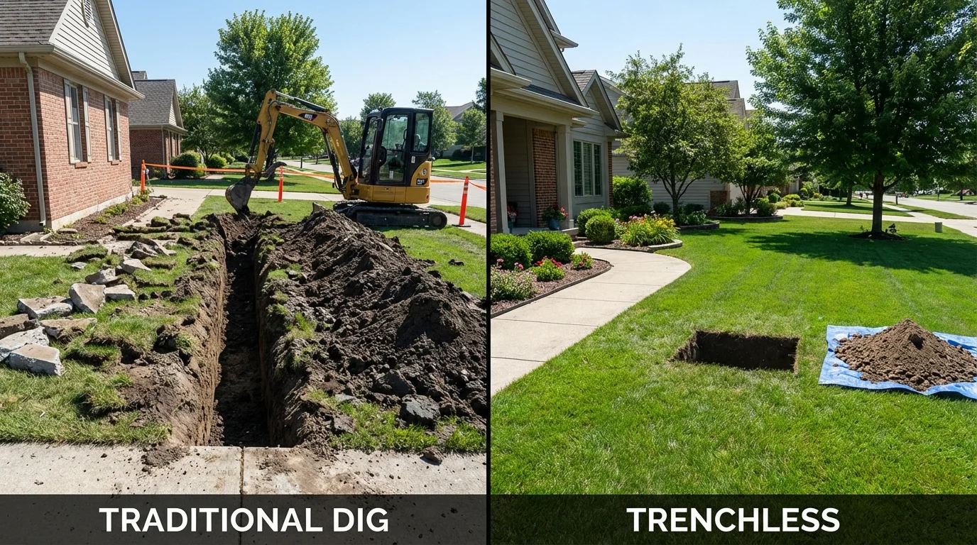 Trenchless sewer repair with minimal yard damage versus traditional excavation in Platteville, WI