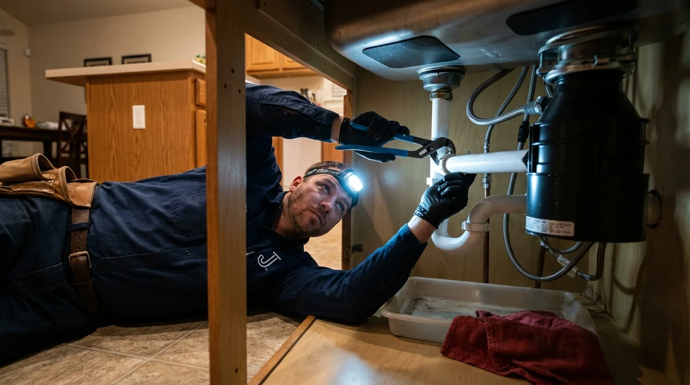 P-trap and supply line connections under a kitchen sink showing a common leak point in Platteville, WI